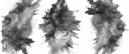 Black powder explosion with dark colors isolated white background. Abstract powder splatted on white background, Black vibrant paint black powder explosion with dark colors isolated white background.	
