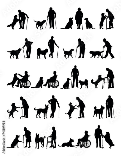 Old man and woman use walking aids accompanied by pet dogs silhouette set vector collection.