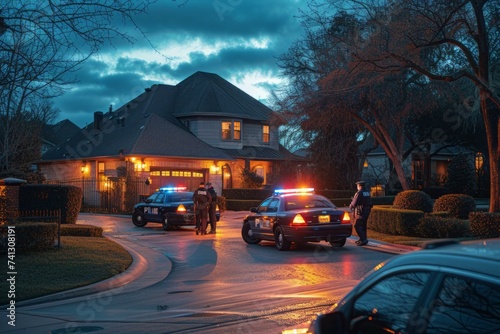 A realistic photo capturing police officers arriving at a house as two patrol cars are parked outside. photo