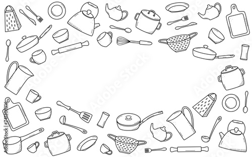 Kitchen tools and tableware doodle icon. Vector illustration set of elements cook.