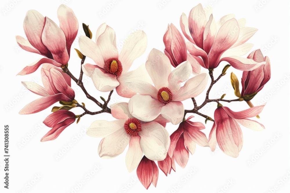 Obraz premium Heart shaped with magnolia, botanical illustration style, isolated white background