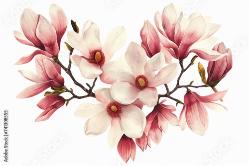 Heart shaped with magnolia  botanical illustration style  isolated white background