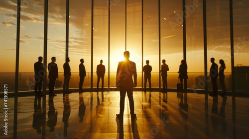 One individual stands facing the camera with a team lined up in the background, inside an office with a sunset view.
