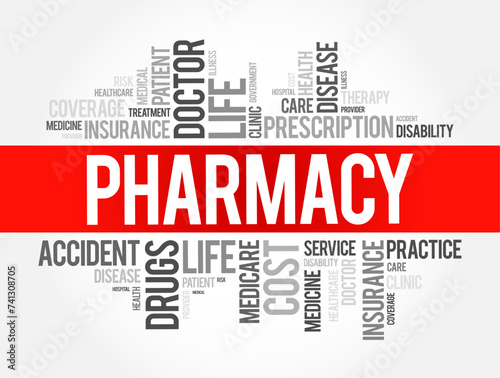 Pharmacy - clinical health science that links medical science with chemistry, word cloud concept background
