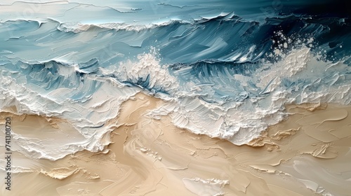 Top view on sea wave with white foam and light beige sand. Trendy painting abstract putty art.
