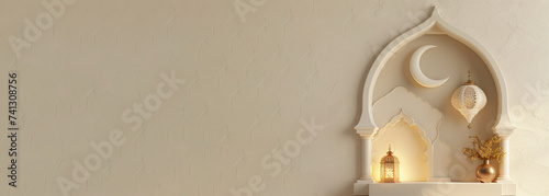Modern 3D greeting card Islamic holiday banner suitable for Ramadan, Raya Hari, Eid al-Adha and Mawlid. Attributes of a mosque, a crescent and a lit lantern on a beige background with empty space photo