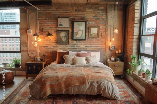 A photograph showcasing a modern industrial loft bedroom with exposed beams, featuring a neatly made bed and a large window.