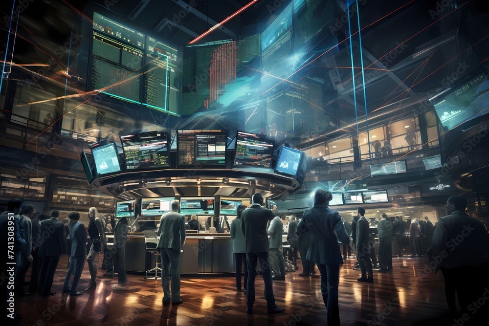 A bustling stock exchange floor with traders gesturing frantically amidst multiple screens and tickers displaying live market data.