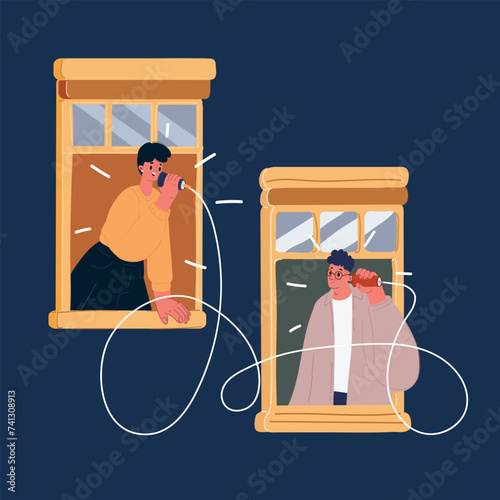 Cartoon vector illustration of neighbor talking at windows, laughing, enjoying friendship,