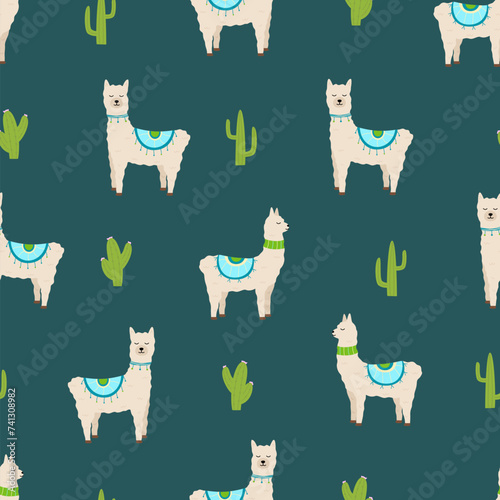 Seamless pattern of cute llamas and cacti. Vector illustration of funny animals background wallpaper.