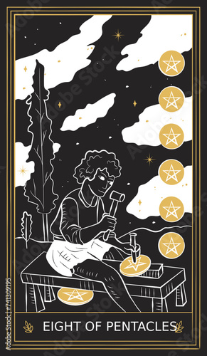Eight of Pentacles Tarot Card Minor Arcana in Vector Illustration