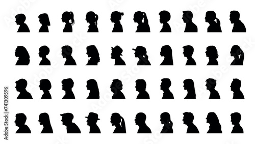 People face profile side view silhouette set collection. Human side face avatar portrait different age and generation black silhouette.