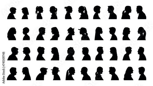 People face profiles side view black vector silhouette set. Silhouettes of human faces in pairs and facing each other.