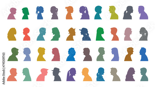 Human face profile side view in pairs facing each other colorful silhouette set collection.