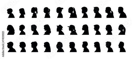 People face side view portrait different ages silhouette set collection.