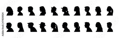 People face side view profile different ages black silhouette set collection.