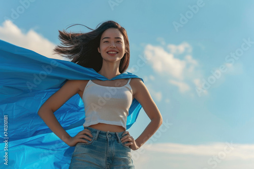Brave woman keeps arms on hips, pretent to be a super hero
