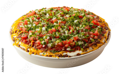 Delicious Layered Mexican Bean Dip with Salsa and Cheese On Transparent Background.