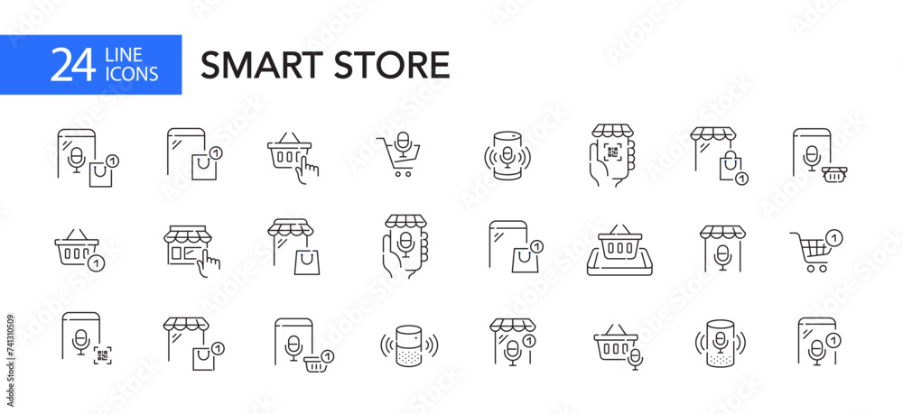 Set of smart store and online shopping app icons. Voice commerce. Pixel perfect vector