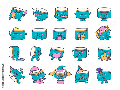 Cartoon kawaii drum character with sticks. Funny musical personage with drumsticks. Hand drawn style. Vector drawing. Collection of design elements.