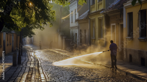 Janitor washes a cobbled street with a hose in the morning light .