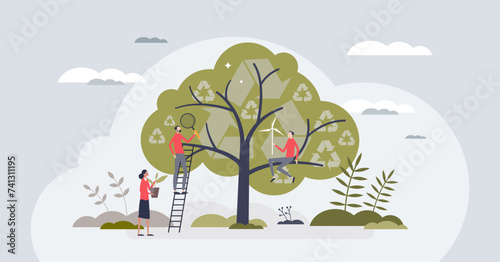 Environmental science study for sustainable future energy tiny person concept. New recycling methods research for nature friendly electricity vector illustration. Save ecosystem with forestation.