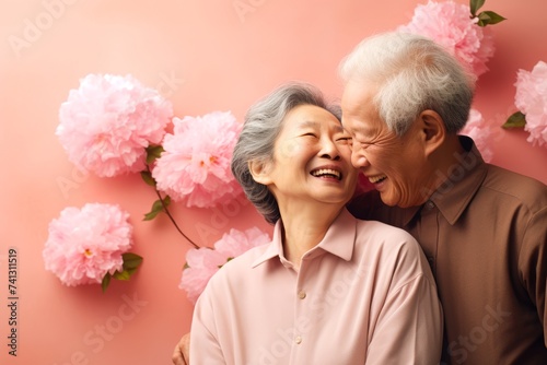  Elderly couple, both in their early 80s, East Asian, sharing a loving hug with eyes closed against a soft coral pastel background with copy space