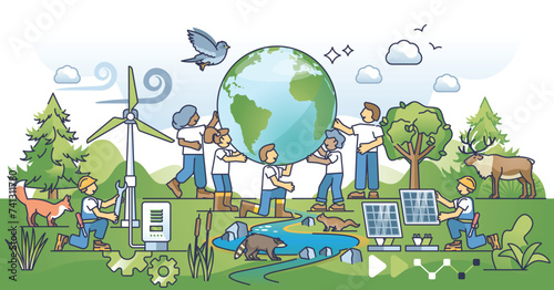 Environmental science as physics, biology and geography study combination outline concept. Sustainable future solutions with nature friendly and ecological green power research vector illustration.