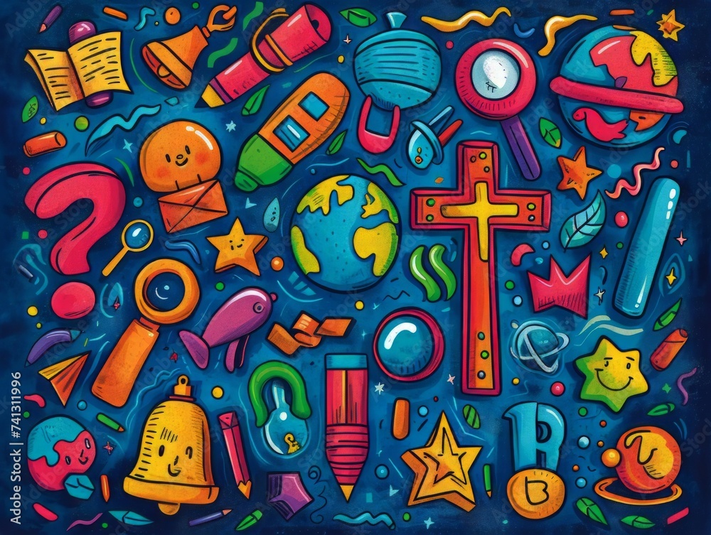 A Painting of a Cross Surrounded by Various Objects