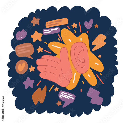 Cartoon vector illustration of Closeup portrait of curious man eavesdropping on private conversations, spying and listening confident information through the door