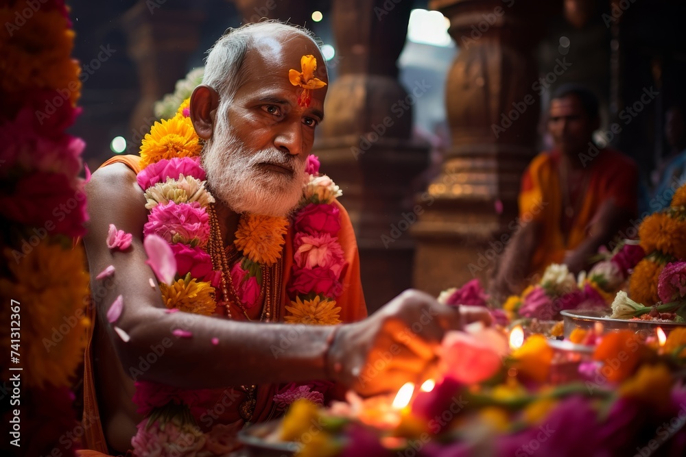 
Middle-aged Hindu priest in his 40s offering flowers to the deities in a colorful Indian temple