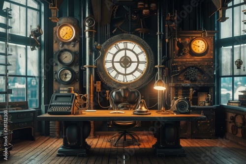 A room filled with numerous clocks and a desk in a retro-futuristic steampunk-themed office.