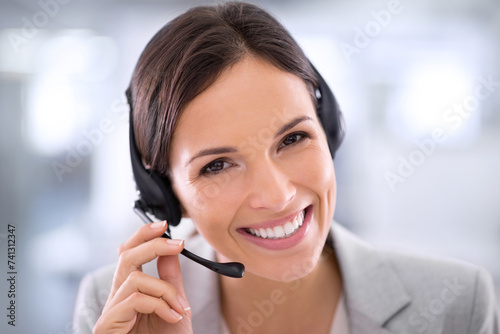 Call center, woman and happy with portrait in office for customer service, communication or consulting. Businesswoman, headset and technology with smile for support, telemarketing or help for clients