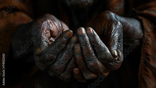 Close-up of weathered and wrinkled hands clasped together, symbolizing hard work, life experiences, and resilience © Sariyono