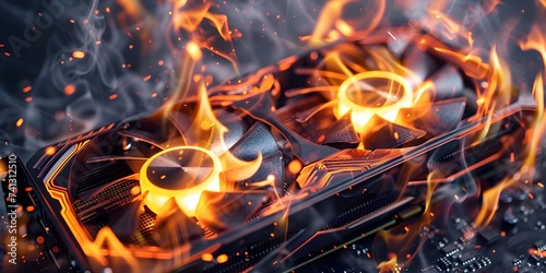 Potential Damage Risk: Overheated Graphics Card Emitting Flames and Smoke. Concept Overheated Graphics Card, Damage Risk, Flames, Smoke, Hardware Failure