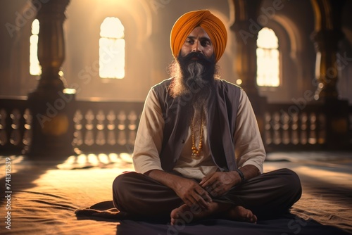 
Middle-aged Sikh granthi in his 40s reciting hymns inside the Golden Temple in Amritsar, India photo