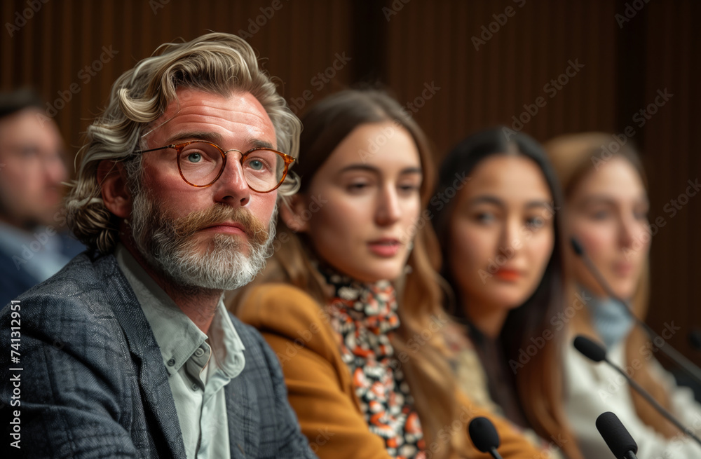 Businessman, conference or panel speaker with a microphone at a business seminar for knowledge, motivational or discussion. Confident, man or coach speaks to group at a convention or corporate event