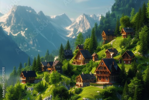 A realistic photo capturing the charm of a group of houses on a green hillside, with majestic mountains in the background.