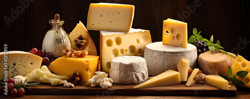 Finest selection of cheese on rustic wooden table