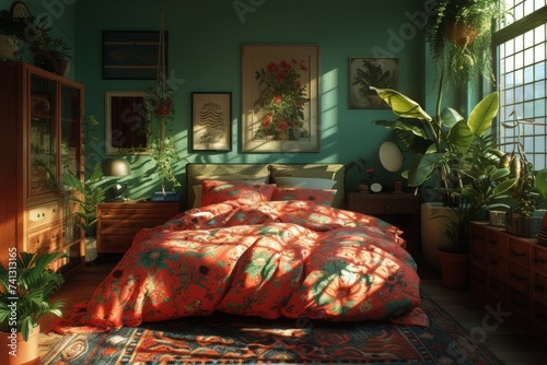 Bedroom With Bed, Dresser, and Plants