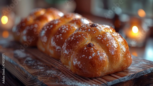 Shiny fresh baked brioche buns on a wooden kitchen counter, warm ambient lighting