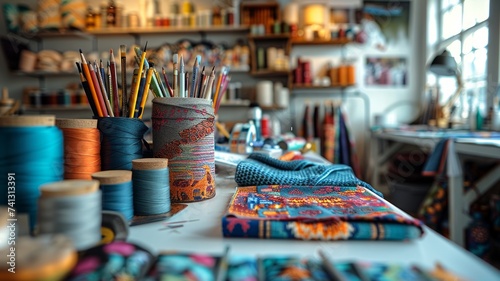 Tailoring Supplies and Colorful Fabrics on a Table with Natural Light