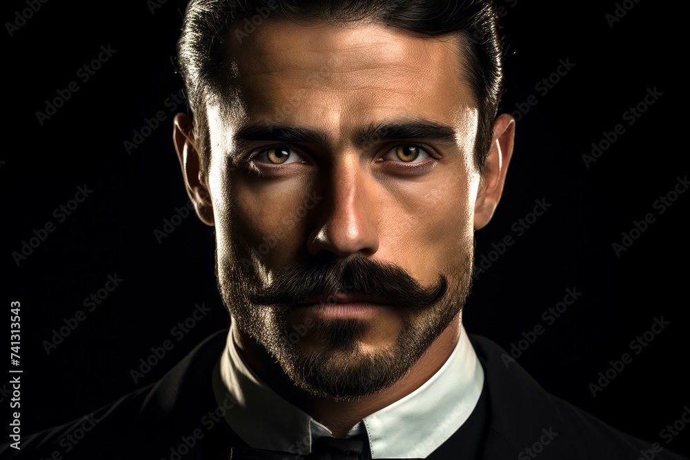 European man's chinstrap beard and intricately styled mustache, the facial hair expertly trimmed and shaped, against a dark and moody background, creating a sense of mystery and allure European man's chinstrap beard and intricately styled mustache, the facial hair expertly trimmed and shaped, against a dark and moody background, creating a sense of mystery and allure