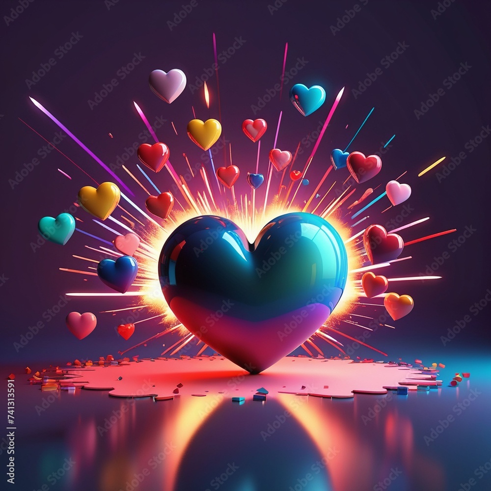 Colorful 3d heart shapes creative background, square composition