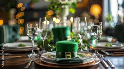 Elegant Saint Patrick's Day Table Setting with Green Hat Centerpiece and Festive Decor