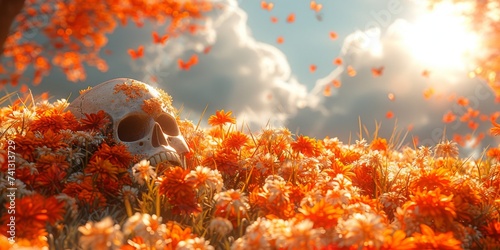 A Vibrant Display of Red Gerbera Flowers and a Blue Ceramic Skull for Dia de los Muertos, Generative AI © Ben