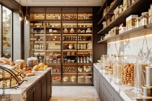 A kitchen filled with an extensive variety of food items and numerous shelves, showcasing a sophisticated and modern pantry.