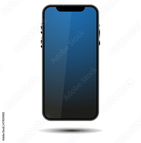 Vector image of the mobile smartphone with a blue screen with reflection and shiny buttons isolated on the white background.