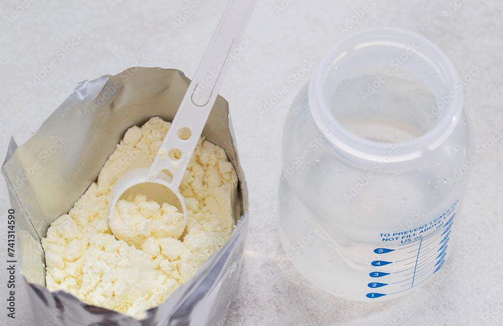 Powdered infant formula for making milk. A mixture to strengthen the baby's immunity and growth, close-up Powdered infant formula for making milk. A mixture to strengthen the baby's immunity and growth, close-up