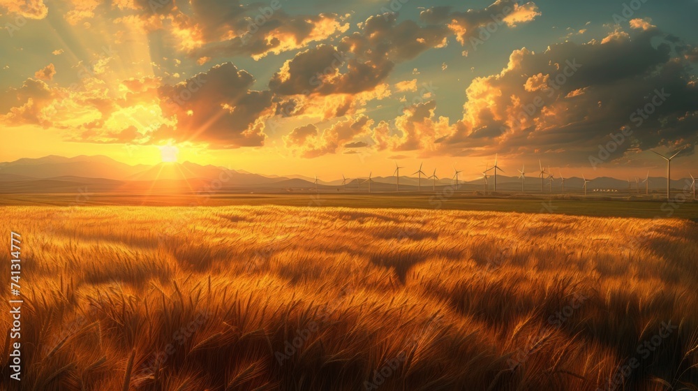 Field of Wheat at Sunset With Windmills in the Background